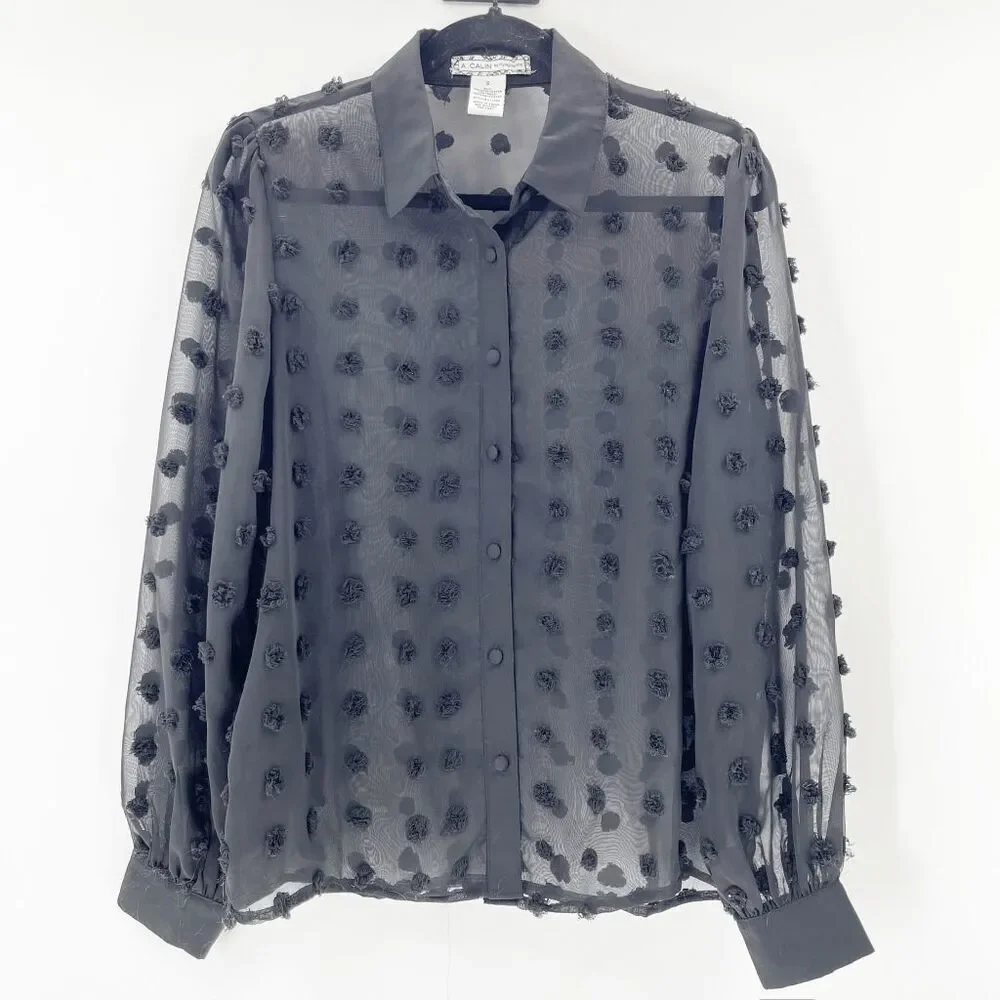 Anthropologie Flying Tomato Sheer Pom Pom Button Down Shirt Womens Size S Black - Picture 1 of 3